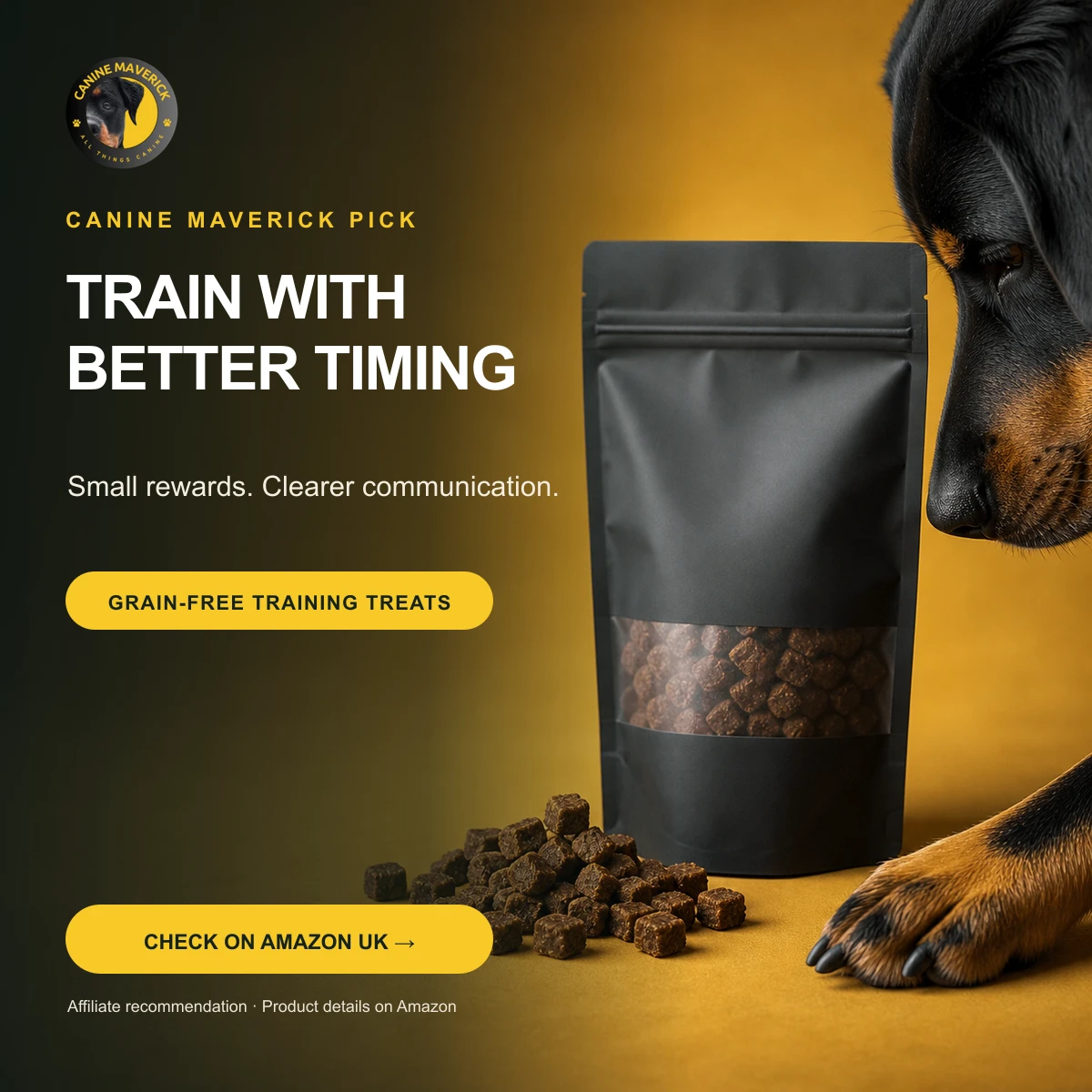 Canine Maverick promotional creative for Bounce and Bella grain-free dog training treats